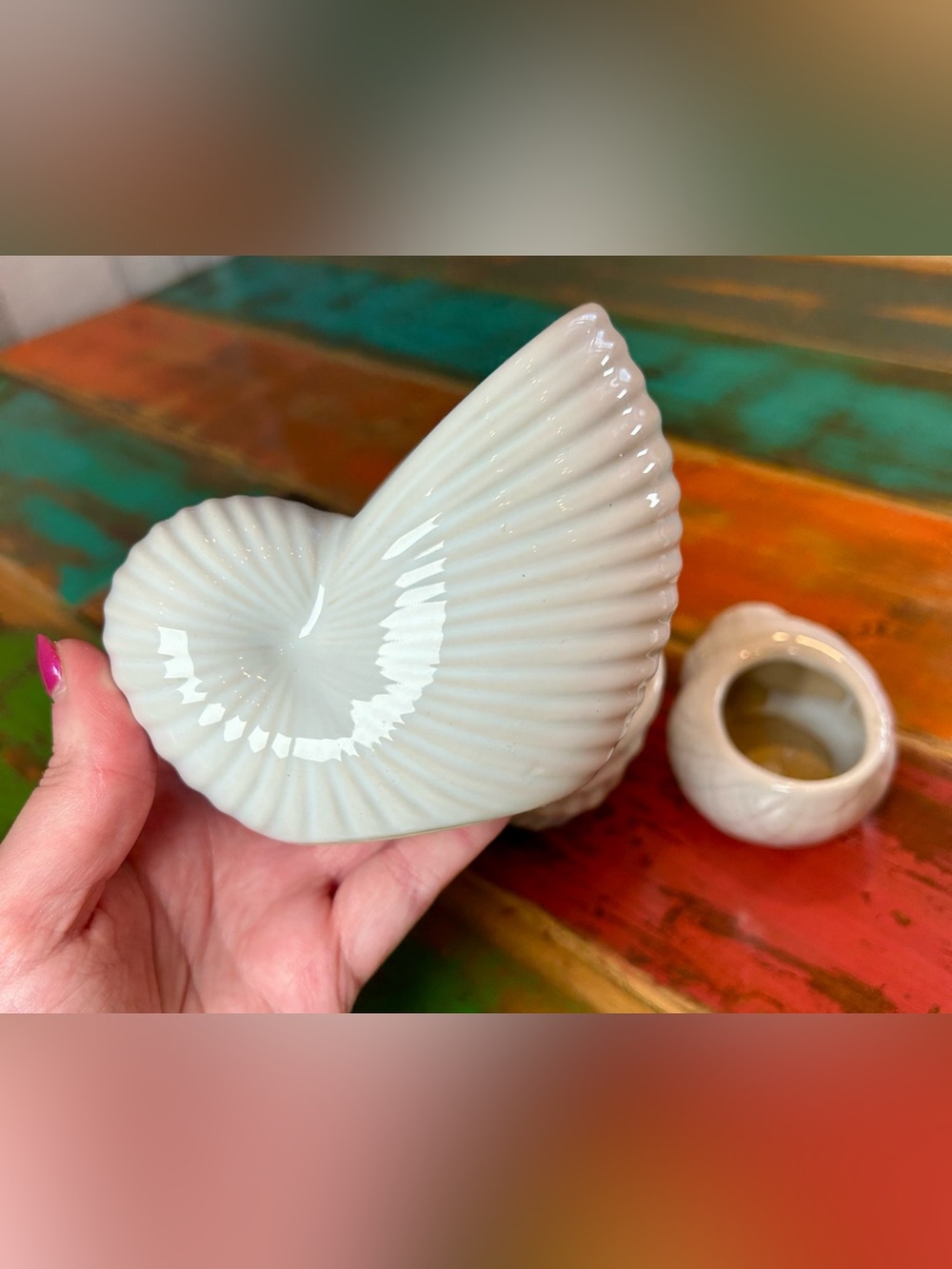Vintage Pier 1 White Ceramic Seashell Planter Trio Set of 3 Conch Nautilus - Picture 8 of 13